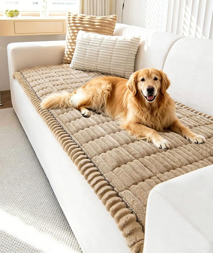 OTOB Couch Covers for 3 Cushion Sofa Pet Friendly, Plush Fuzzy Non Slip Sofa Covers Washable, Soft All Seasons Sofa Slipcovers Furniture Protector Dog Bed Mat (Coffee, 27.6" x 82.7")
