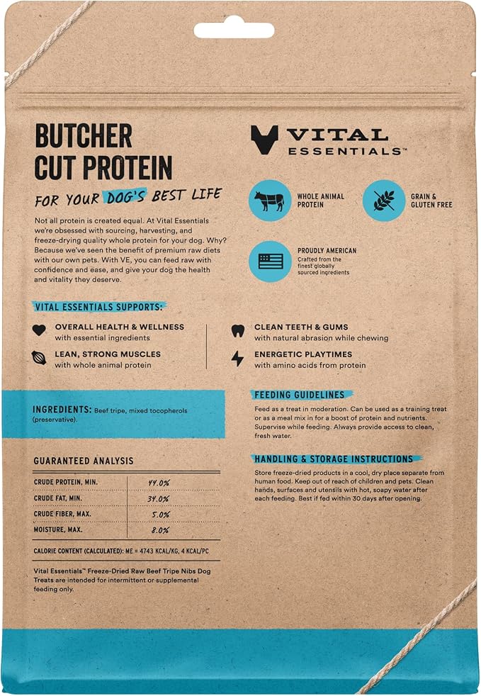 Vital Essentials Freeze Dried Dog Treats | Beef Tripe Nibs (Large Bites), Single Protein | Premium Quality | Grain Free Training Treats for Dogs, 14 oz Bag