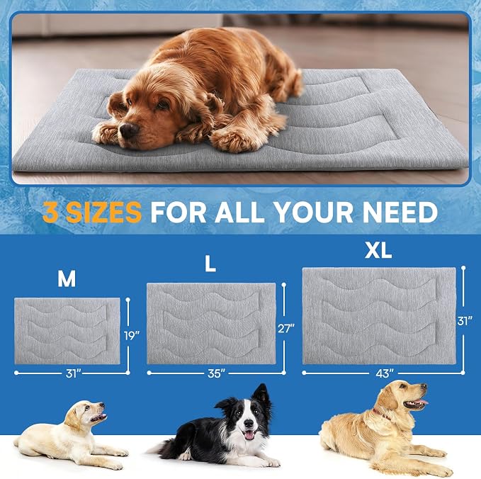 Queenmore Large Dog Cooling Mat for Dog, Portable Flat Pet Bed for Dogs and Cats, Non-Slip Summer Pet Sleeping Mat, Machine Washable, Dogs Cooling Pad Indoor (Grey Wave, XLarge(43" x 31"))
