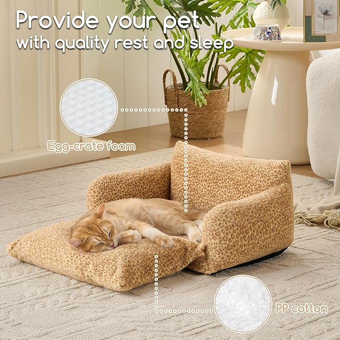Hollypet Cat Bed Fluffy Plush Multifunctional Double-Layer Machine Washable Soft Warming Kitty Pet Couch Orthopedic Nest Beds for Small Cats Kitten and Dogs up to 13lbs, Yellow Leopard(21x15x8 inch)