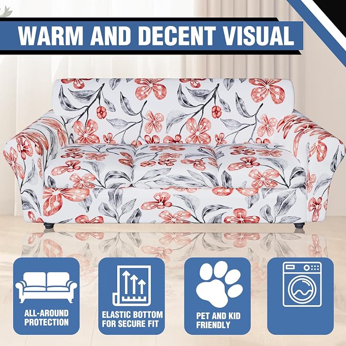 Stretch Couch Covers for 3 Separate Cushion Couch Sofa,Floral Printed Couch Sofa Cover,Washable Sofa Slipcover,Pet Friendly Furniture Protector with Elastic Bottom,Universal Fit for Home(Sofa,Cover)