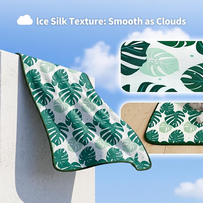 NWK Pet Cooling Mat for Large Dogs -Q-Max>0.345 Ice Silk Cooling Mat for Dogs & Cats Portable & Washable Pet Cooling Blanket, Car Seats, Beds for Summer (Green Leaf, 39'' X 27'' X 0.3'')