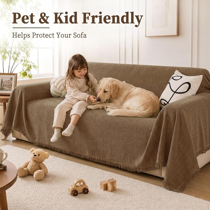 hyha Couch Cover for Dogs, Boho Sofa Covers for 3 Cushion Couch Washable, Chenille Sofa Slipcover for Pets, Soft Loveseat Sectional Couch Throw Blankets with Tassels (Chocolate, 71x102 Inch)