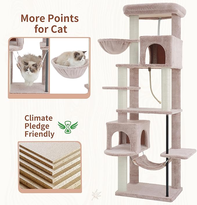 Gitelsnour Cat Tree for Indoor Cats Large Adult, 70.5'' Cat Tower with Scratching Post, Sturdy Steel Pube Cat Tree Tower with Large Playing Platfrom, Hammock and Basket, Top Perch, Mushroom GCT024MU