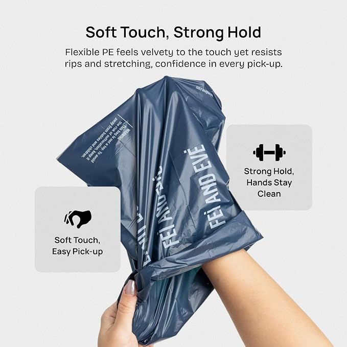 Fei & Eve Dog Poop Bags - Extra Thick 25 Micron & 100% Leak-Proof | Full Blackout & Odor-Locking | Stretch Resistant | Easy to Tear off | Waste Bags | Unscented | 8 Rolls