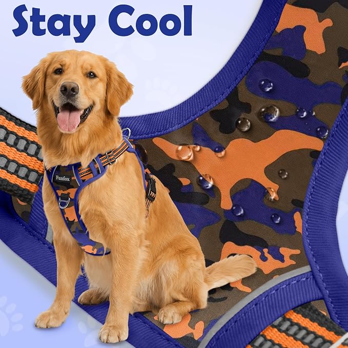 Funfox Dog Harness No Pull, Adjustable Pet Vest Harness, Super Soft Material with Vertical Handle Easy Control, Reflective Night Walking, 2 Leash Clips for Medium Sized Dogs, Camo Orange, M