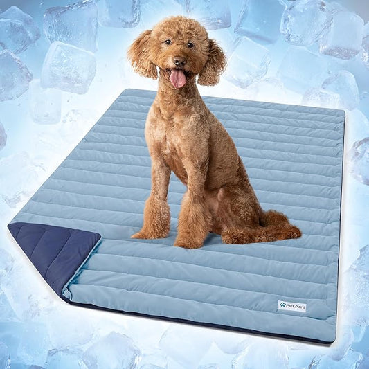 PetAmi Dog Cooling Mat, Q-Max Pet Cooling Blanket with Thick Cushioning, Self Cooling Pad for Dogs & Cats, Reversible Summer Mat for Crate, Couch, Kennel, Navy/Dusty Blue, Large (40x60)