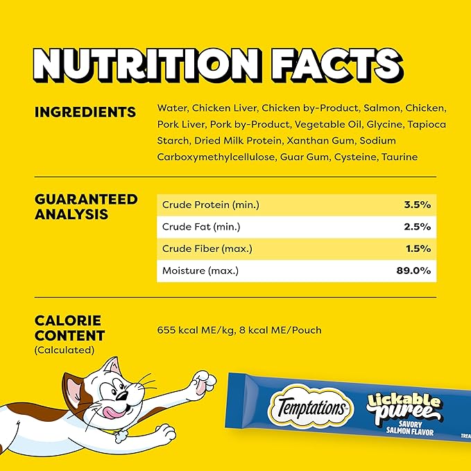 Temptations Creamy Puree Squeezable Lickable Cat Treats, Wet Cat Treats with Salmon, 0.42 oz. Tubes, 24 Count - Packaging May Vary