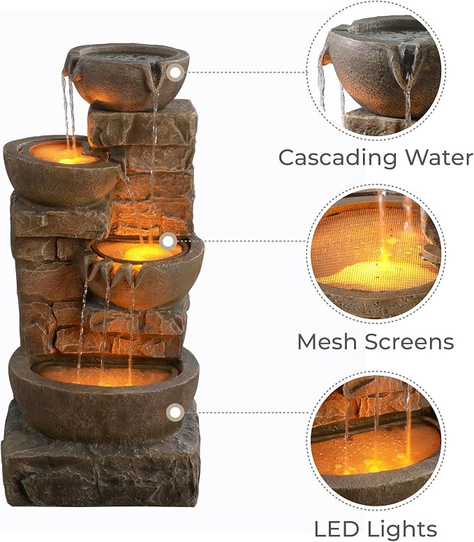 Teamson Home 33.27" Cascading Bowls & Stacked Stones LED Water Fountain for Outdoor Living Spaces, Brown