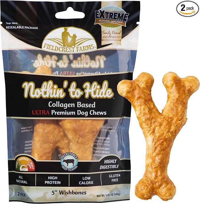 Fieldcrest Farms Nothin' to Hide Collagen-Based Dog Chews, Wishbone, Beef Flavor, Ultra-Premium, for Dogs Over 25lbs, Easily Digestible, Supports Skin, Coat, Joints & Muscles, 5-Inch, 2 Pieces