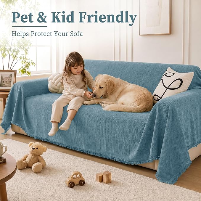 hyha Couch Cover for Dogs, Boho Sofa Covers for 3 Cushion Couch Washable, Chenille Sofa Slipcover for Pets, Soft Loveseat Sectional Couch Throw Blankets with Tassels (Blue, 71x150 Inch)