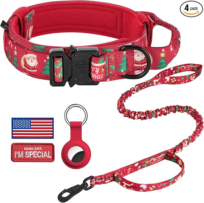 DAGANXI Tactical Dog Collar, Adjustable Military Training Nylon Dog Collar with Control Handle and Heavy Metal Buckle for Medium and Large Dogs, with Patches and Airtags Case (M, Christmas red-Set)