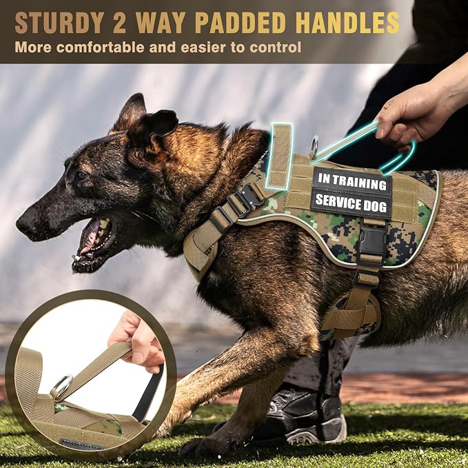 WINSEE Tactical Dog Harness for Large Dog, Heavy Duty Service Dog MOLLE Vest with 10 Pet Patches, No Pull Military Working Vest for Training Hunting Walking