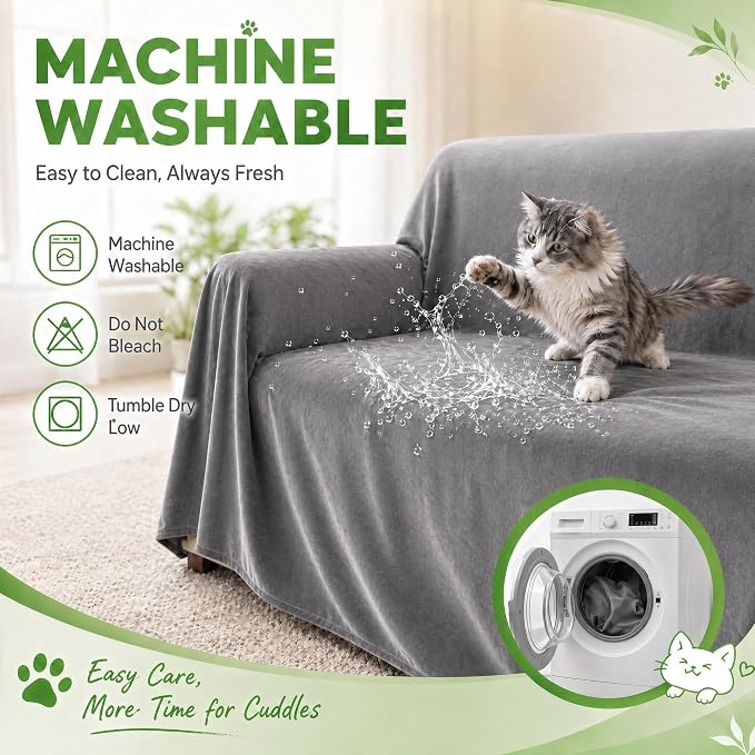 LOllON Velvet Couch Cover for Cats Dogs Kids - 100% Waterproof Cat Scratch Resistant Sofa Cover, Non-Slip Washable Furniture Protector,Ultra Soft Pet-Friendly Slipcover for 3-Seat Sofa 134"X71" Grey