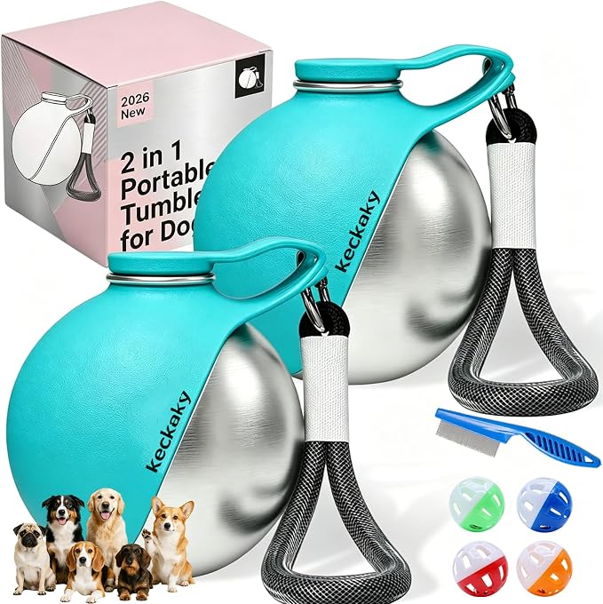 2 in 1 Portable Dog Water Bottle, 2026 New 10oz Spherical Stainless Steel Pet Bottle with Silicone Foldable Bowl, No-Spill Leak-Proof Design, Dog Water Bottle for Walking, Hiking, Travel (Blue*2)