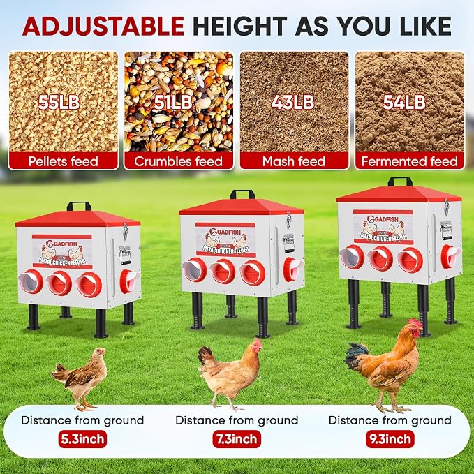 GADFISH 55 lbs Large Capacity Automatic Chicken Feeder - 8 Feeding Ports, No Waste Chicken Feeder, Height-Adjustable Legs & Secure Locking Lid for Chickens, Ducks & Poultry