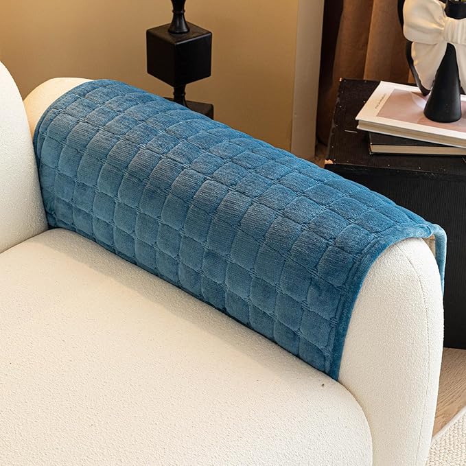 Velvet Couch Cover, Plush Sectional Sofa Cover Washable, Anti Slip Sofa Slipcover for Armrest & Backrest, Furniture Protector Covers for Pets & Kids(1PC, Teal Blue, 27.6"×27.6", Single Seater)