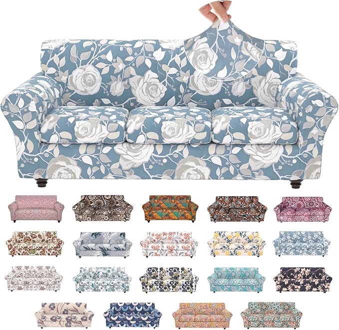 Stretch Couch Covers for 3 Separate Cushion Couch Sofa,Floral Printed Couch Sofa Cover,Washable Sofa Slipcover,Pet Friendly Furniture Protector with Elastic Bottom,Universal Fit for Home(Sofa,Cover)