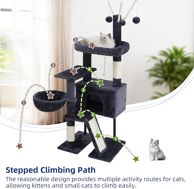 Gitelsnour Cat Tree for Indoor Cats, Cat Tower with Scratching Post for Small Cats and Kittens, Cat House with Removable Top Platform and Fluffy Balls, Hanging Cat Basket, Smoky Gray GCT006SG