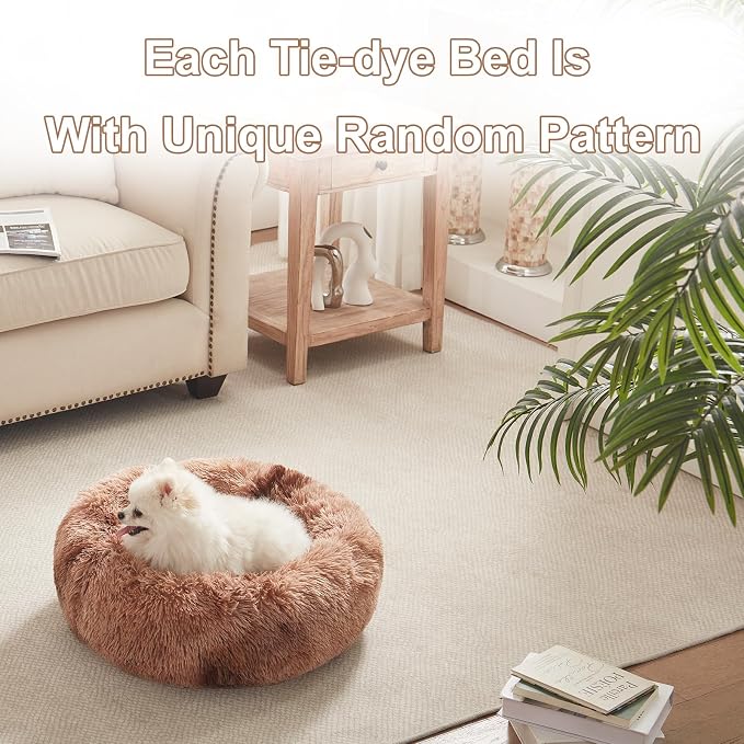 23 inches Donut Dog Bed for Small Dogs - Calming Washable Round Puppy Bed with Removable Cover, Fluffy Plush Pet Bed for Cats & Dogs, Fits up to 25 lbs Pets (Tie-dye Brown,Small)