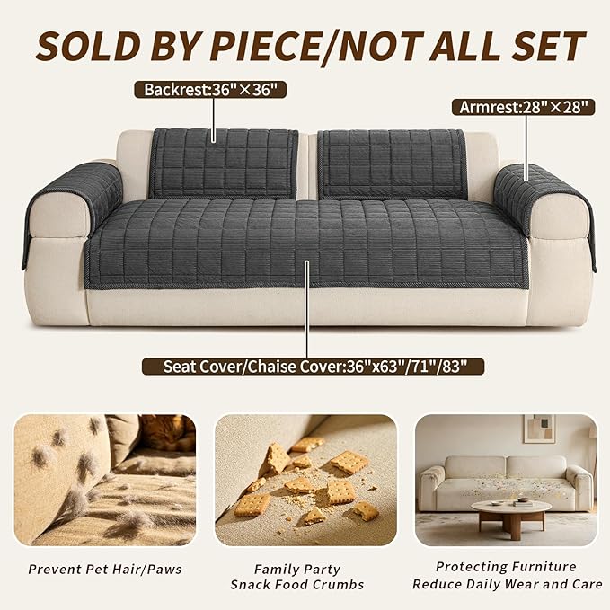 Velvet Couch Covers for Sectional Sofa Washable, Non-Slip L Shaped Sectional Couch Cover, Soft Pet Couch Covers for Sofas, Furniture Slipcovers for Single Sofa(1PC,35"x35",Dark Grey)