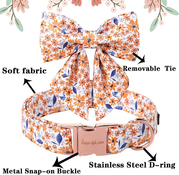 Unique Style Paws Autumn Leaf Collar with Bowtie Blue Leaf Flower Cotton Dog Collars for Small Medium Large Dogs