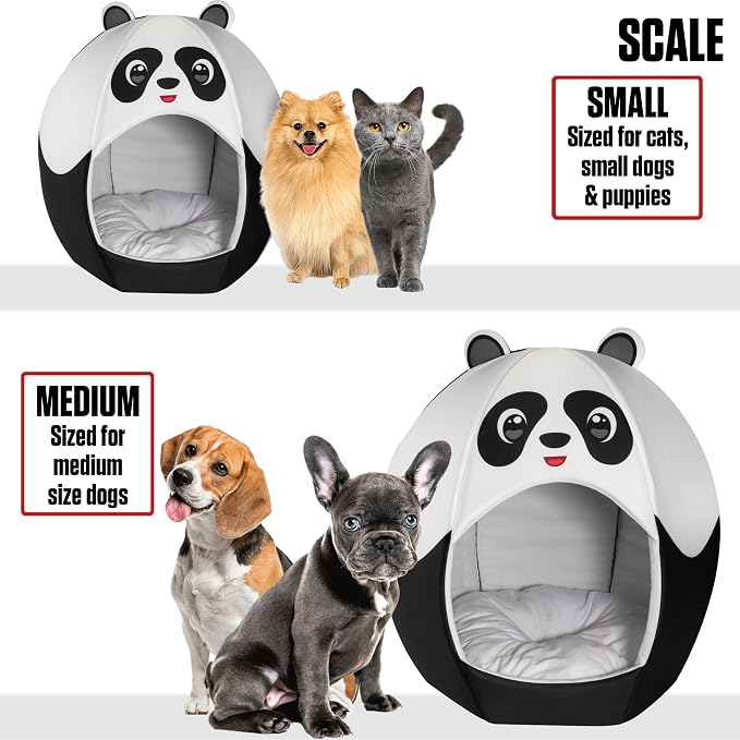 Maccabi Art Panda Theme Dog Bed - Cute Igloo Style Pet Bet - Fits Small Dogs, Puppies, Cats - Pillow Insert with Plush Lined Interrior, Non-Slip Igloo Design - 16 x 16 x 18