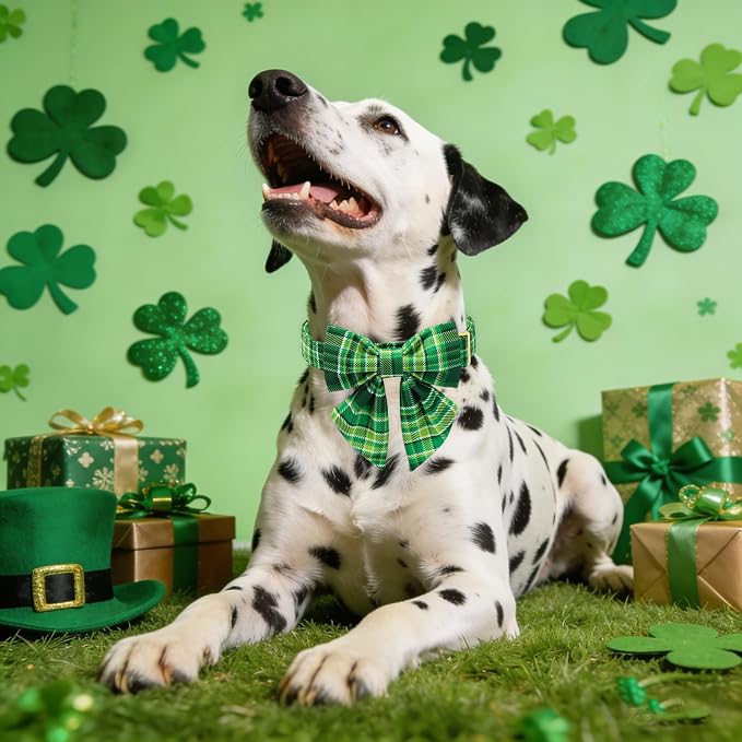 Maca Bates Irish Plaid Dog Collar with Sailor Bow Tie,Shamrock Green Gingham Pattern for Extra Large Girl Boy Dogs,Adjustable Durable Soft Collars Gift for Male Female Puppy