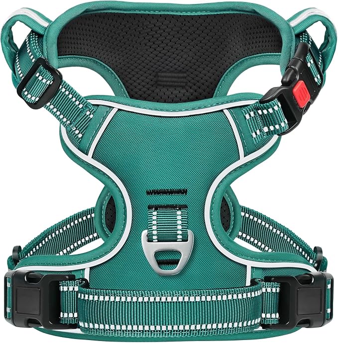 Timos Dog Harness Large Sized, No Pull Pet Harness with Neck Lockable Snap, No Choke Front Clip Reflective Vest, Adjustable Metal Rings 3 Buckles, Easy Control Handle for Large Dogs Grass Green L