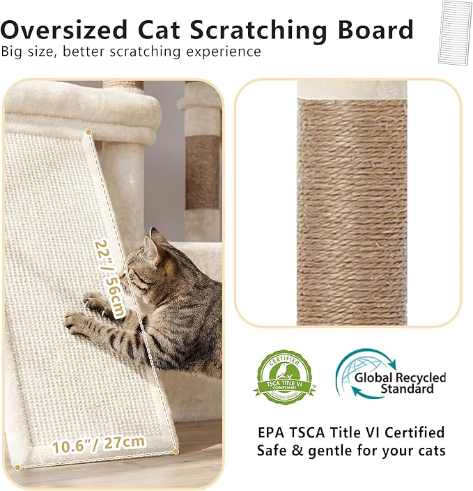 Heybly Cat Tree, 72.4-Inch Anti-Tip Cat Tower for Large Cats, All-in-One Cat Furniture with Spacious Perches, Multiple Interactive Areas, Extra-Large Sisal Scratching Board, Beige HCT060MJ