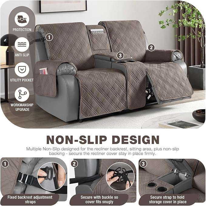 TAOCOCO Waterproof Loveseat Recliner Cover with Console, Non-Slip Reclining Loveseat with Console Cover with Pocket, Split Recliner Sofa Covers Furniture Protector for Pets Dogs(2 Seater, Taupe)