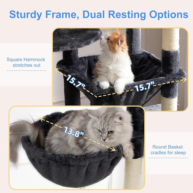 Heybly Cat Tree, 76-Inch Tall Heavy Duty Cat Tower for Big Cats with Extra Wide Baseboard, Multi-Level Large Cat Furniture with 2 Condos & 2 Hammocks, 10 Scratching Posts, Smoky Gray HCT039G