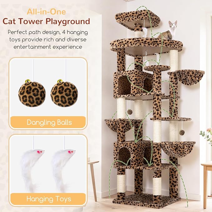 Globlazer Extra Large Cat Tree Tower 82in Tall Heavy Duty Cat Tree for Indoor Cats Large Adult Big Cat Tower with 8 Scratching Posts, 2 Condos, 2 Padded Perches, 3 Hanging Baskets, S82, Leopard Print