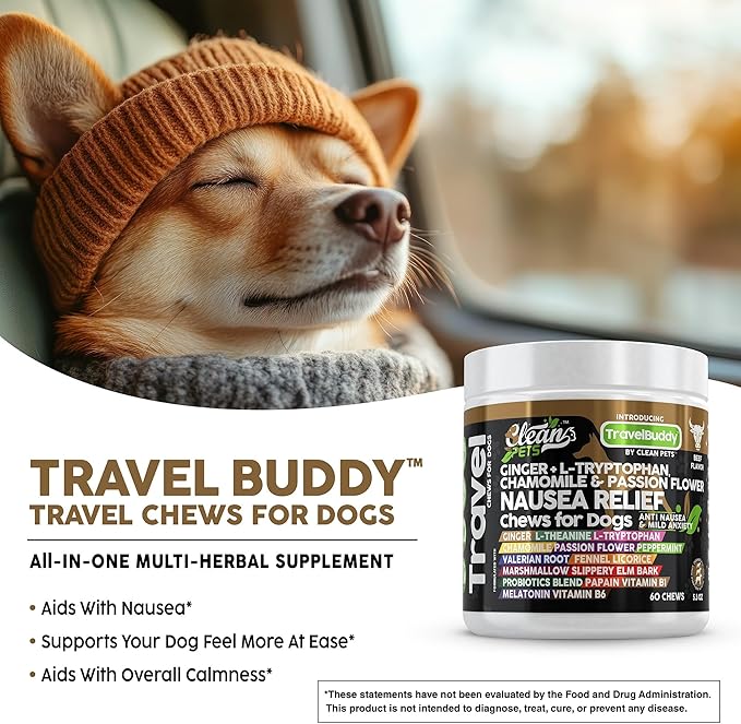 Clean Pets Travel Chews Nausea Relief for Dogs | Ginger L-Tryptophan Chamomile Passion Flower L-Theanine Peppermint Valerian Root Fennel Licorice Root Marshmallow Root Slippery Elm Melatonin Chew