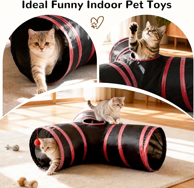 Tempcore Cat Tunnel for Indoor Cats, 3 Way Collapsible Pet Play Tunnel with Teaser Wand, Peek Holes & Hanging Ball, Interactive Tube for Kittens & Rabbits, Black & Red