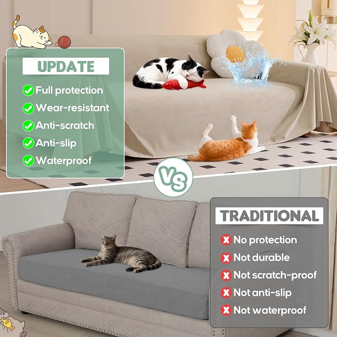 Loiion Cat Scratch Furniture Protector - Ultra Soft, Waterproof Sofa Cover to Keep Cats Off, Pet-Friendly Couch Protectors for Love Seat, Anti-Slip Couch Cover for Pets and Kids 118"X91" Almond
