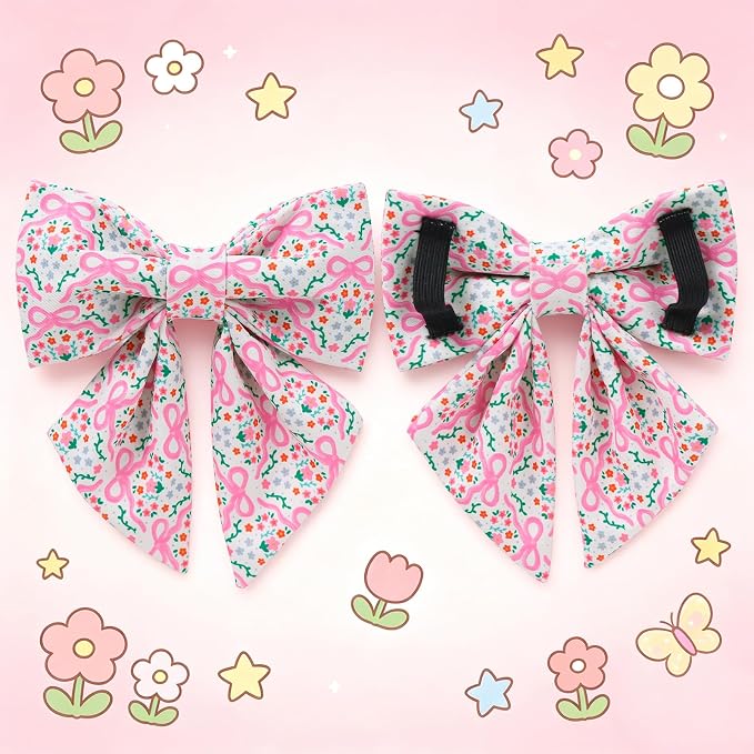 Pink Bow & Floral Dog Collar, Spring Summer Soft Cotton Dog Collar with Premium Quick Release, Adjustable and Comfortable Pet Collar for Small, Medium, and Large Dogs