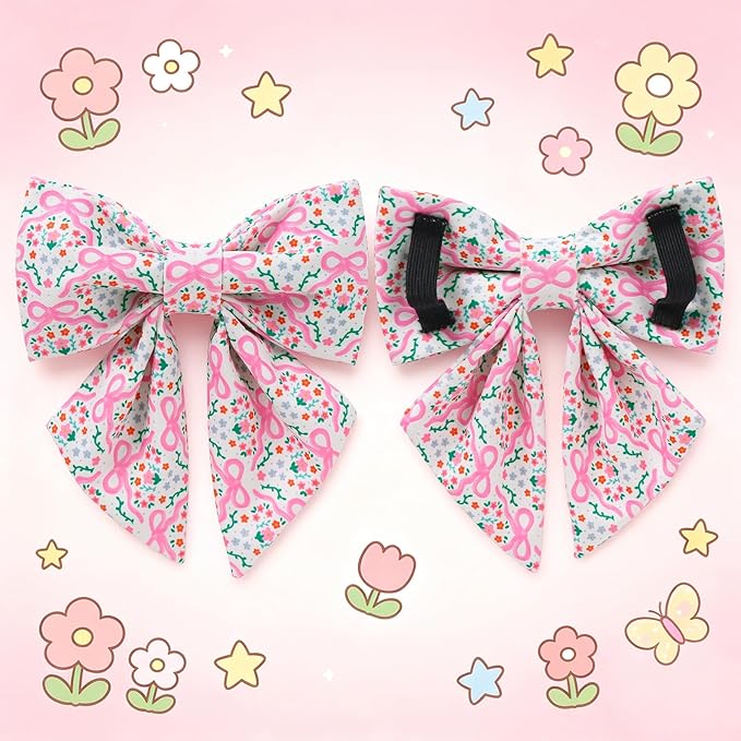 Pink Bow & Floral Dog Collar, Spring Summer Soft Cotton Dog Collar with Premium Quick Release, Adjustable and Comfortable Pet Collar for Small, Medium, and Large Dogs