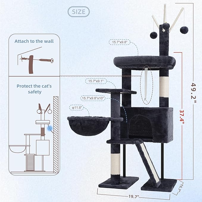 Gitelsnour Cat Tree for Indoor Cats, Cat Tower with Scratching Post for Small Cats and Kittens, Cat House with Removable Top Platform and Fluffy Balls, Hanging Cat Basket, Smoky Gray GCT006SG