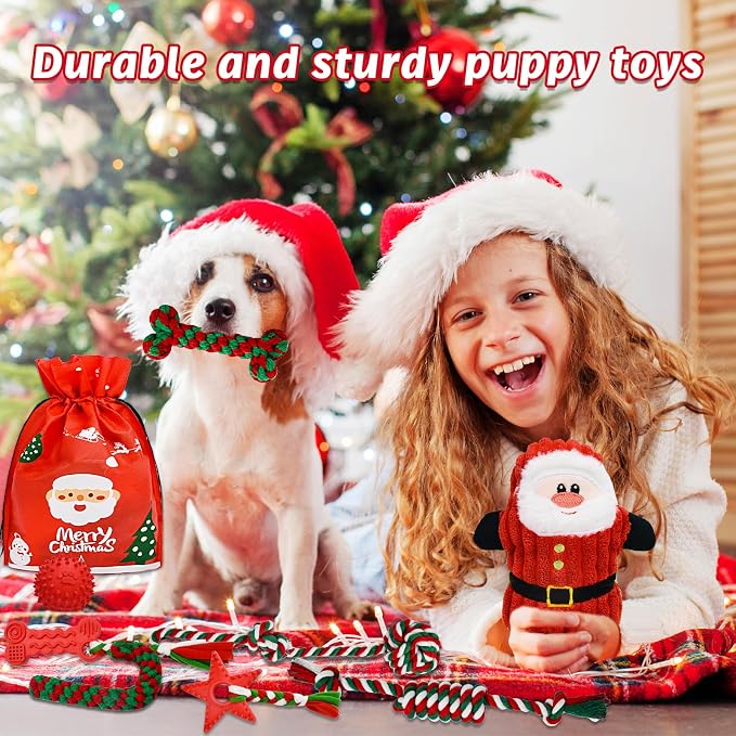 MRSOHRET Christmas Dog Toys, 9 Pack Dog Rope Toy, Puppy Chew Toy for Teething with Gift Bag, Plush Squeaky Toy, Christmas Stocking Stuffers for Small Medium Dogs