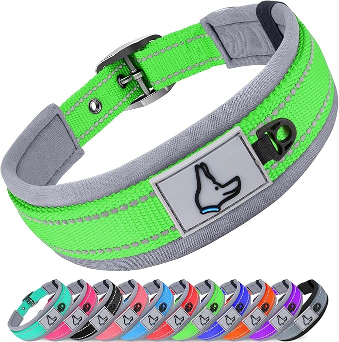 Joytale Dog Collar for Extra Large Dogs, Neoprene Padded and Adjustable, Reflective Wide Heavy Duty Pet Collars with Durable Metal Belt Buckle for Walking, Green, XL