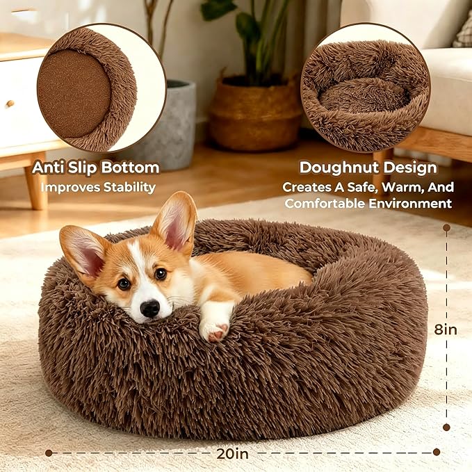 Calming Donut Dog and Cat Bed for Indoor Cats, Anti-Anxiety Round Fluffy Soft Washable Small Pet Bed for Puppy and Kitten, Warming Comfortable Luxury Anti-Slip Waterproof Mute Base 20in Coffee