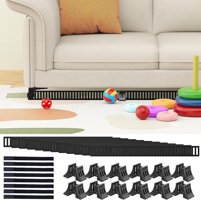 Under Couch Toy Blocker for Kids & Pets – No-Glue Sofa Gap Filler Secured to Sofa Legs, Under Couch Guards, Floor & Carpet Friendly, Quick Install & Removable, 1.6" Height, 12 Pack
