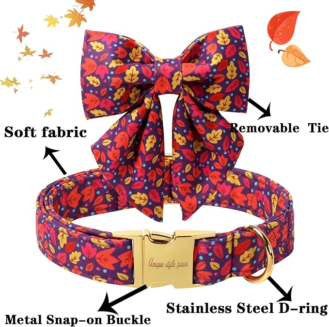 Unique style paws Cartoon Dog Collar with Bowtie Autumn Puppy Collar with Colorful Maple Leaf for Small Medium Large Boys Girls Dogs