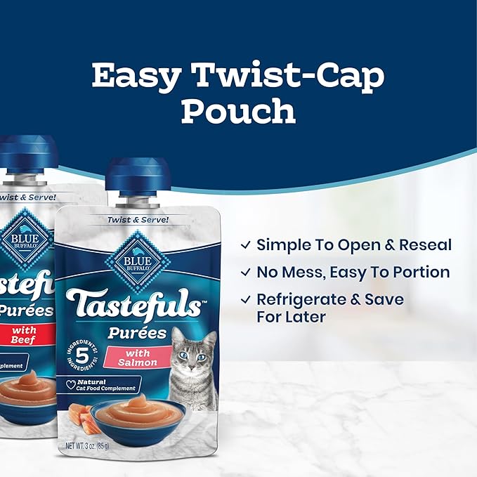 Blue Buffalo Tastefuls Purées Variety Pack Wet Cat Food Complement (Salmon, Chicken, Tuna, Beef) Made with Natural Ingredients, for All Life Stages, 3-oz. Resealable Pouches (12 Count)