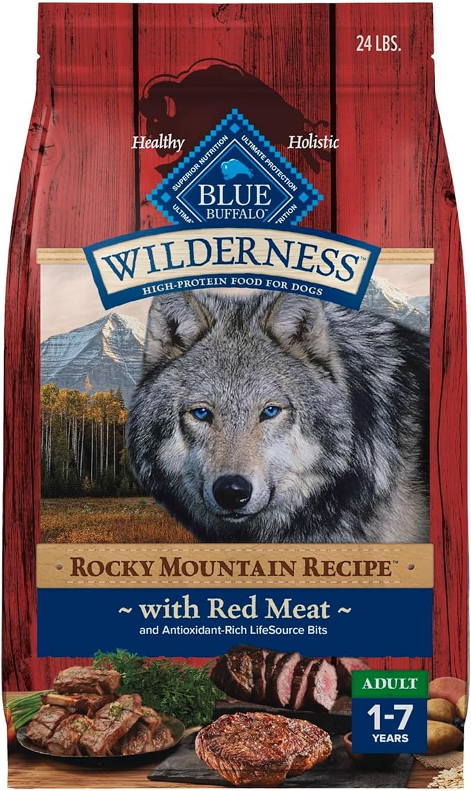 Blue Buffalo Wilderness Rocky Mountain Recipe Adult Dry Dog Food with Red Meat & Wholesome Grains, 34g Protein, Vibrant Energy for an Active Life, Made with Natural Ingredients, 24 lbs.