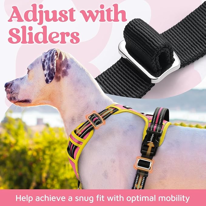 rabbitgoo Dog Harness Medium Sized, 3 Buckles Easy On & Off No Pull Pet Vest, Soft Padded Walking Pet Harness with Control Handle, Adjustable and Reflective, Pink & Yellow, M