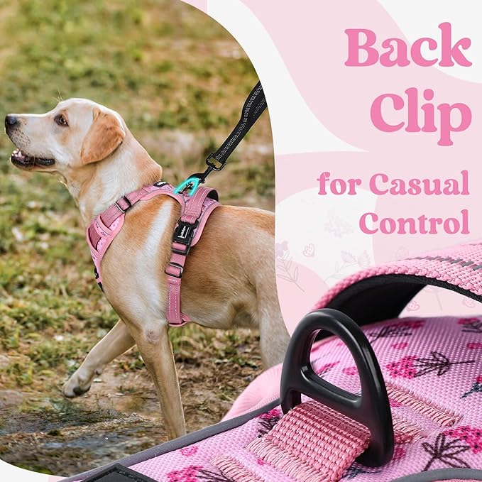 rabbitgoo Dog Harness for Large, No Pull Easy On & Off with 3 Buckles Pet Harness, Adjustable Soft Walking Vest with 2 Clips and Handle, Reflective for Extra Large Dogs, Floral Pink, XL