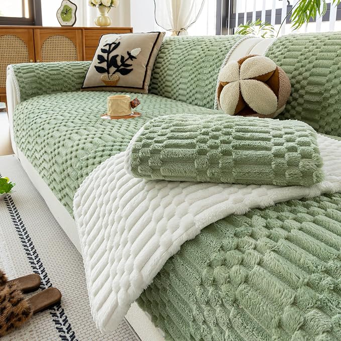 Plush Warm Sofa Covers Washable, Funny Fuzzy Couch Cover for Dogs Washable, Non-Slip Couch Covers for Loveseat, Soft Sofa Slipcover for Pet & Kid(1PC, Green, 36"×63", Loveaeat)