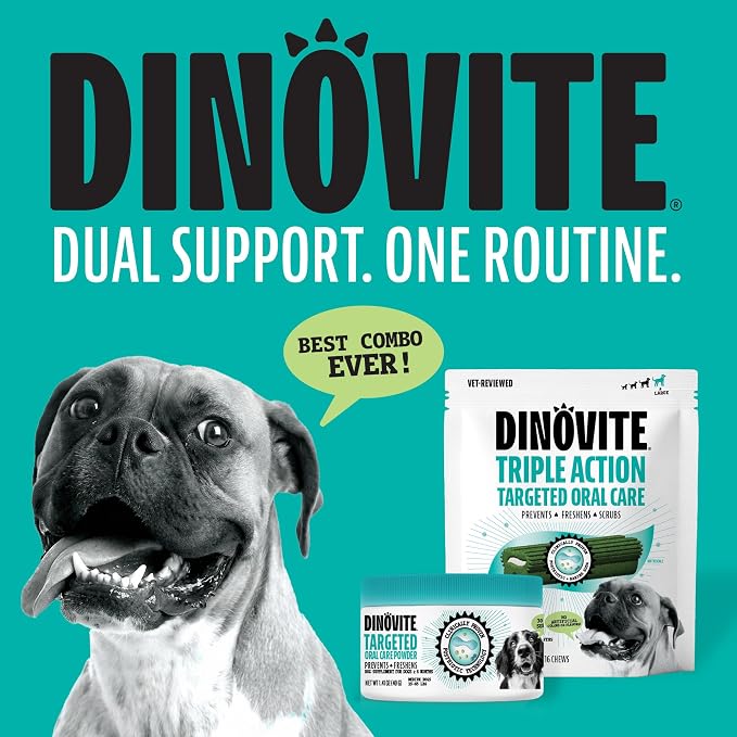 Dinovite Dental Chews for Dogs, Triple Action Dental Dog Treats for Medium Breeds, Clinically Proven to Prevent Plaque & Tartar While Freshening Breath, Fresh Mint Flavor, Made in USA, 20 Count
